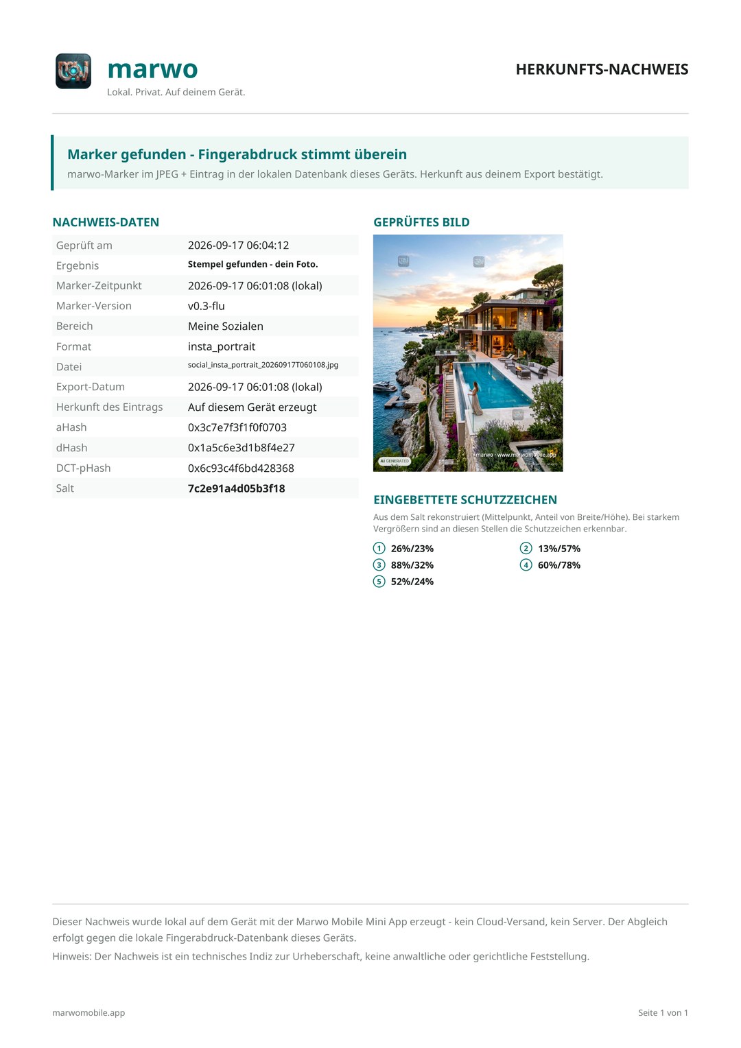 Marwo Herkunfts-Nachweis als PDF: Nachweis-Daten, Schutzzeichen-Positionen und das geprüfte Bild